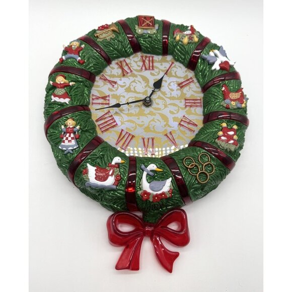 Avon 12 Days of Christmas Musical Wreath Clock 2008 Red Bow Music Lights READ - Picture 1 of 8